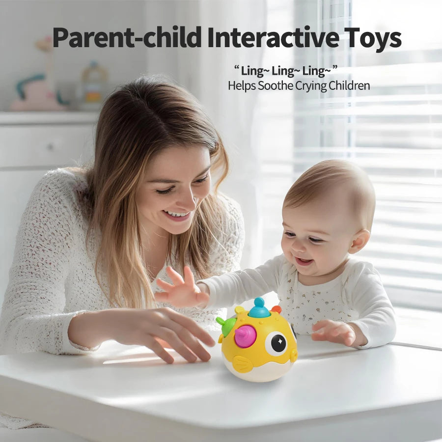 Pufferfish Baby Roly-Poly Rattle Toy with Teether Button, Motor Skills, Hand-Eye Coordination, Early Learning Toy, Newborn Gift