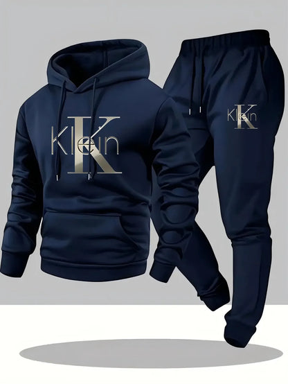Men's Casual Two-Piece Set Autumn Winter Pattern Hoodie Sweatshirt & Long Pants Outdoor Sports Suit with Pockets Regular Fit