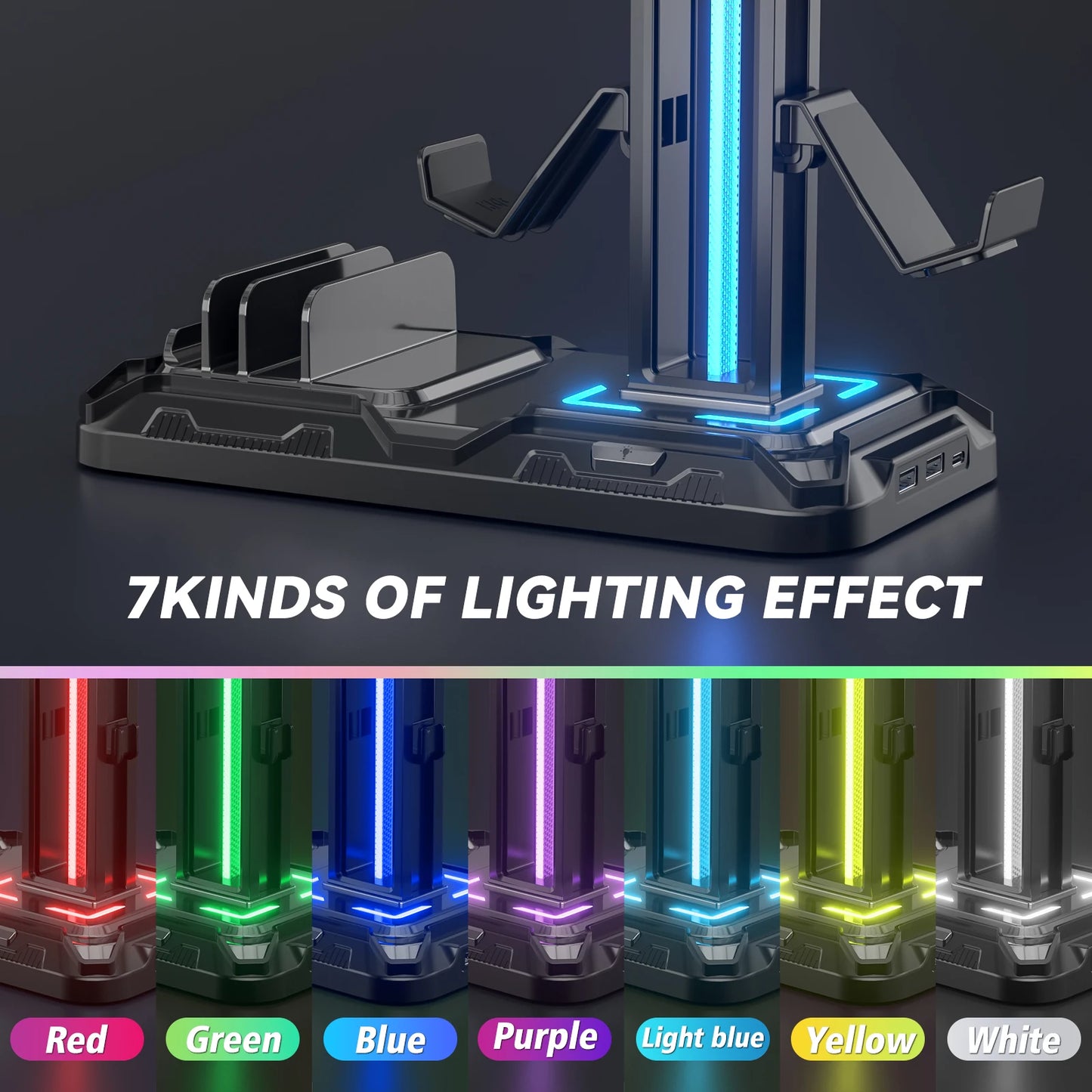 Headset Stand with Charging Station Detachable Controller Holder with 9 Light Modes, Rotatable Headphone Hanger with USB Charger
