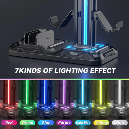 Headset Stand with Charging Station Detachable Controller Holder with 9 Light Modes, Rotatable Headphone Hanger with USB Charger