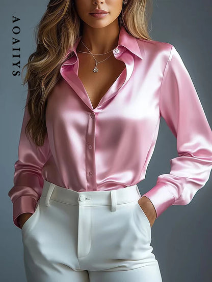 Aoaiiys Pink Women's Shirts Elegant Long Sleeve Blouse Office Lady Satin Shirt Female Turn-down Collar Button Blouse Spring New