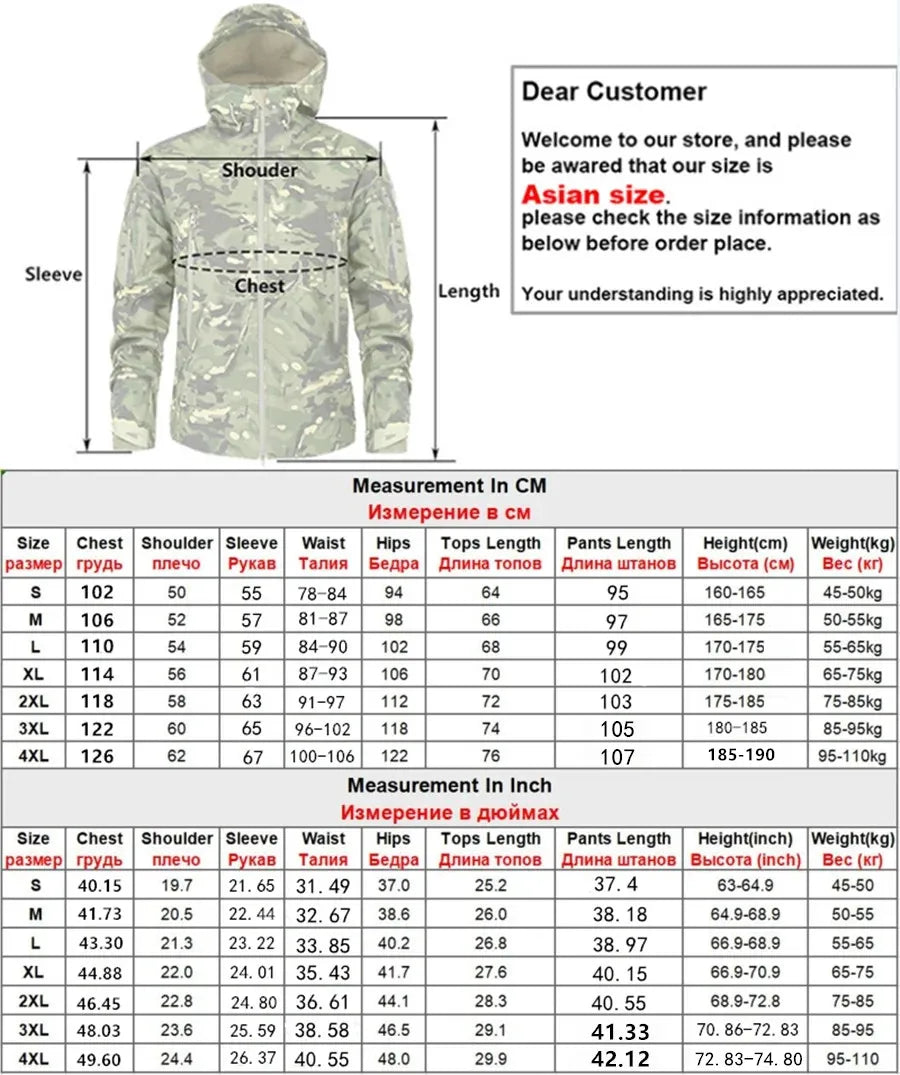 5XL 6XL Winter Waterproof Tactical Jackets Sets Men Outdoor Soft Shell Hiking Hunting Jacket Suit Fleece Cargo Pant Tracksuits
