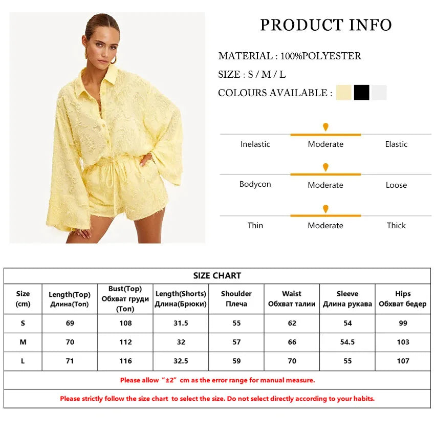 Clacive Fashion Loose Yellow 2 Piece Sets Women Outfit 2024 Casual Long Sleeve Shirt With High Waist Shorts Set Streetwear