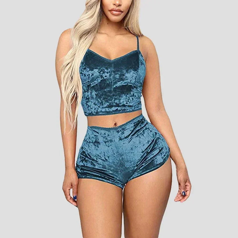 2Pcs/set Women's Velvet Polyester Comfortable V Neck Underwear Crop Top + Shorts Pajama Set Homewear Sleeveless Top Shorts Camis