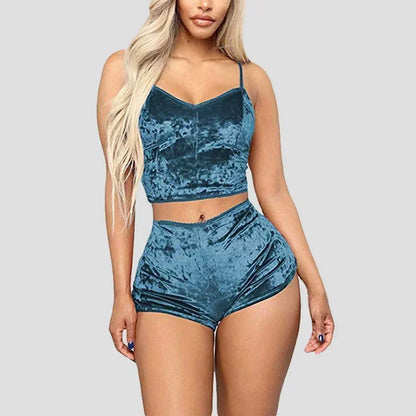2Pcs/set Women's Velvet Polyester Comfortable V Neck Underwear Crop Top + Shorts Pajama Set Homewear Sleeveless Top Shorts Camis