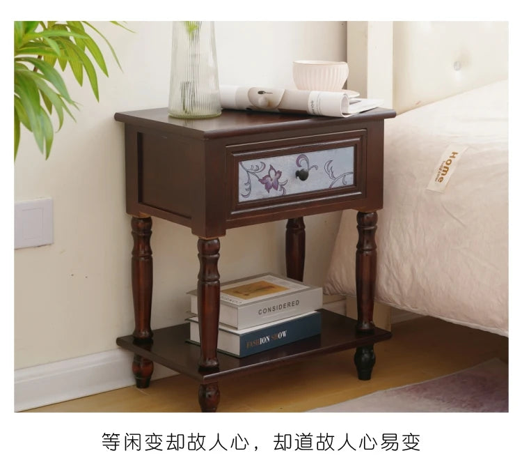 Solid Wood Nightstand Vintage French Distressed Bedside Table with Drawer for Bedroom Storage Cabinet Side Table