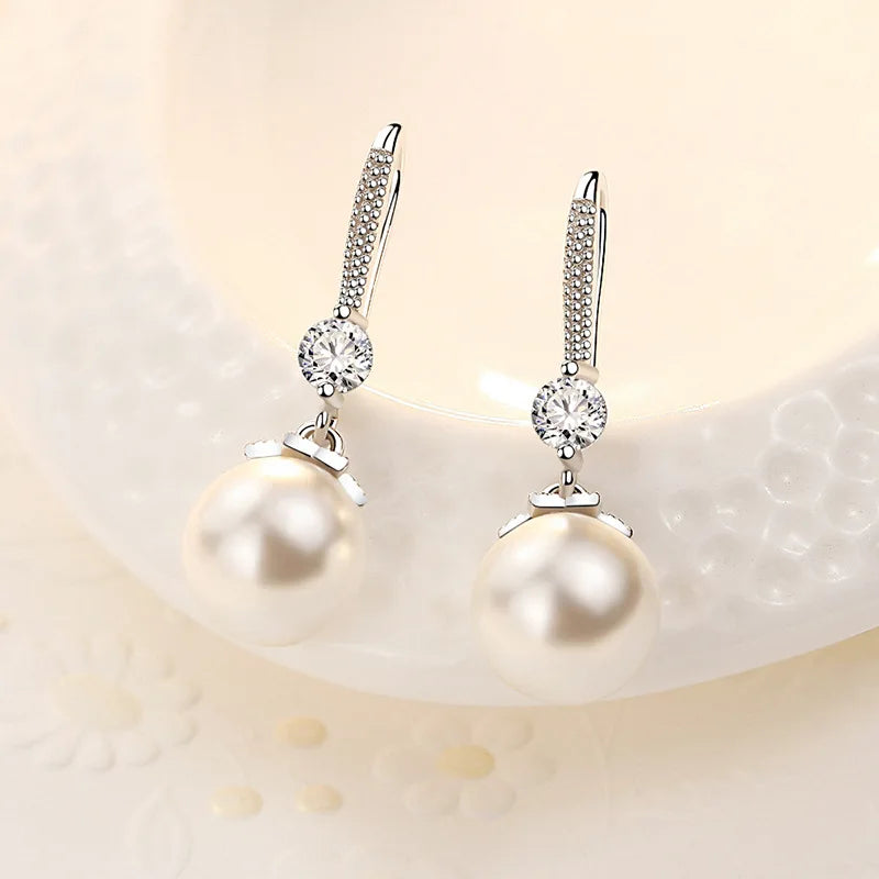Exquisite Fashion 925 Sterling Silver Necklace Earrings Jewelry Set 10MM Pearl Accessories For Women Engagement Jewelry Gift