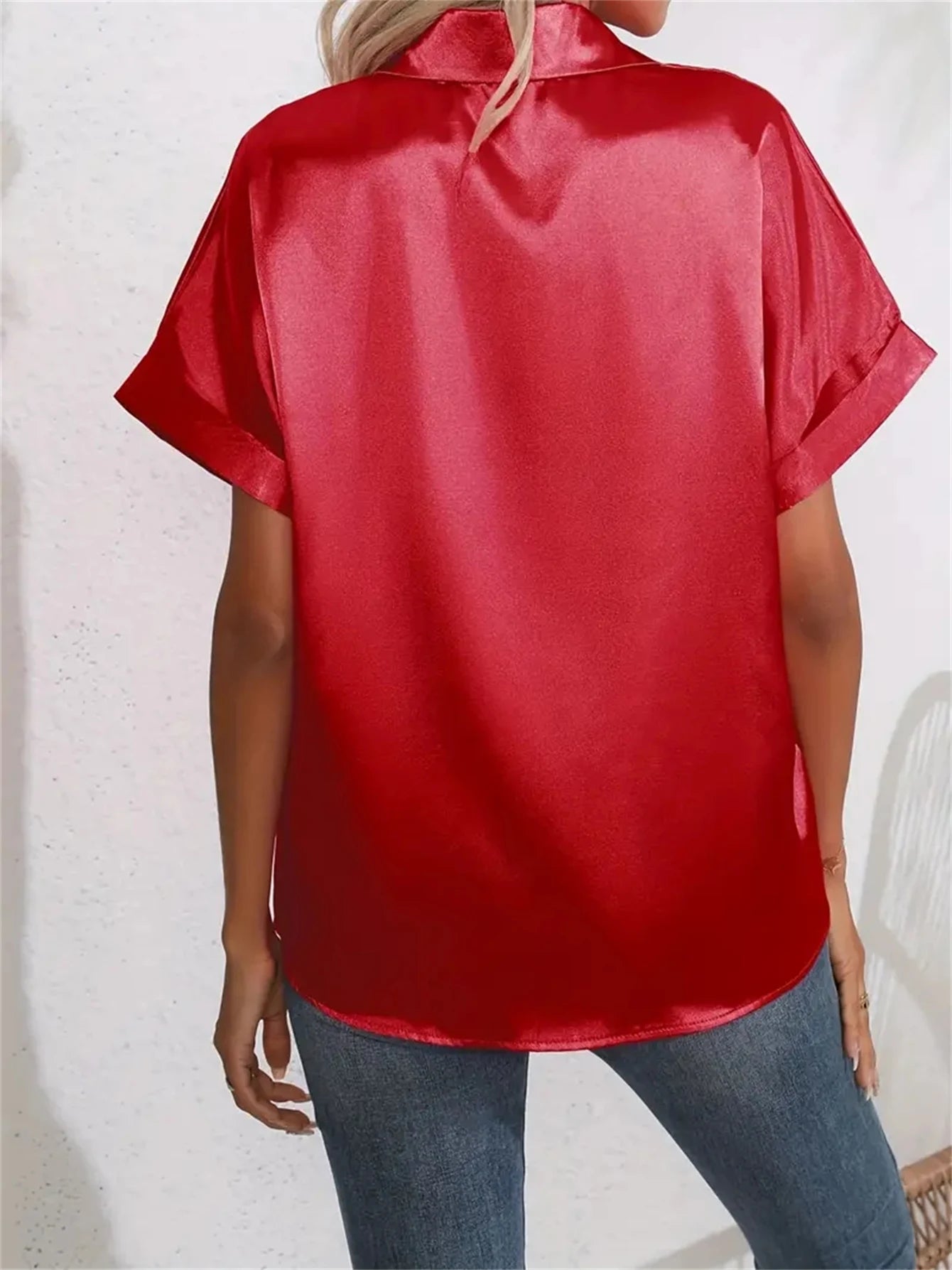 Casual Turn-Down Collar Button Front Solid Color Short Sleeved Satin Shirt Women Summer Blouse