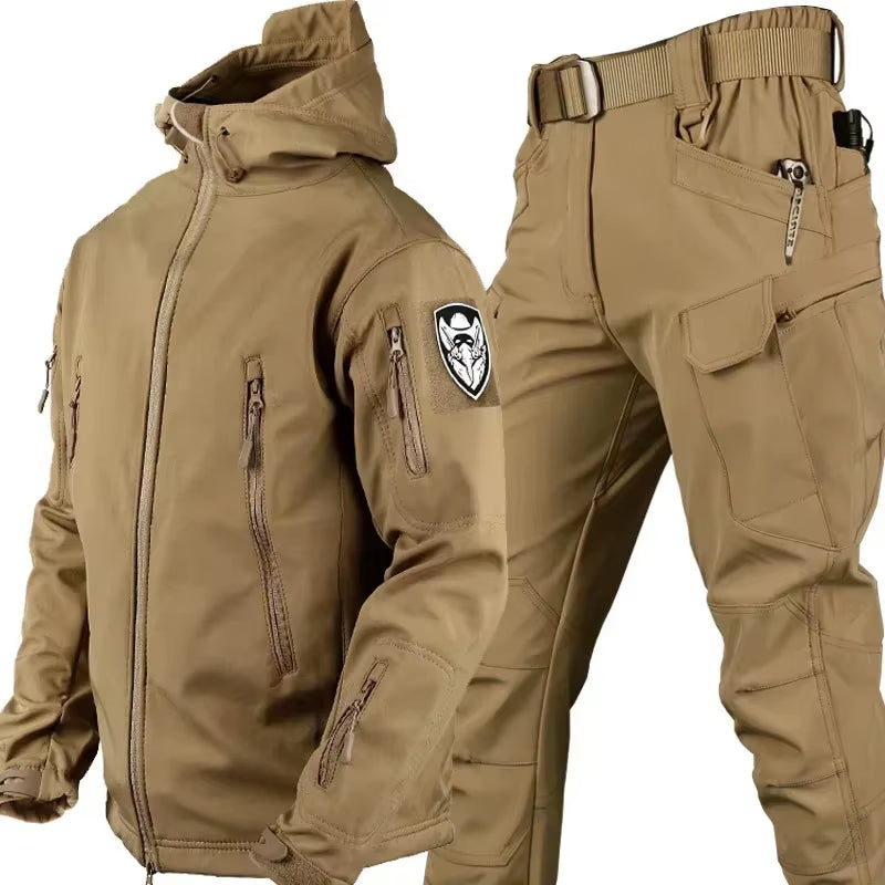 Winter Thicken Men Camo Suit Waterproof Tactical Training Set Multi-Pocket Hooded Jacket Fleece Pants Outdoor Hunting 2-Piece