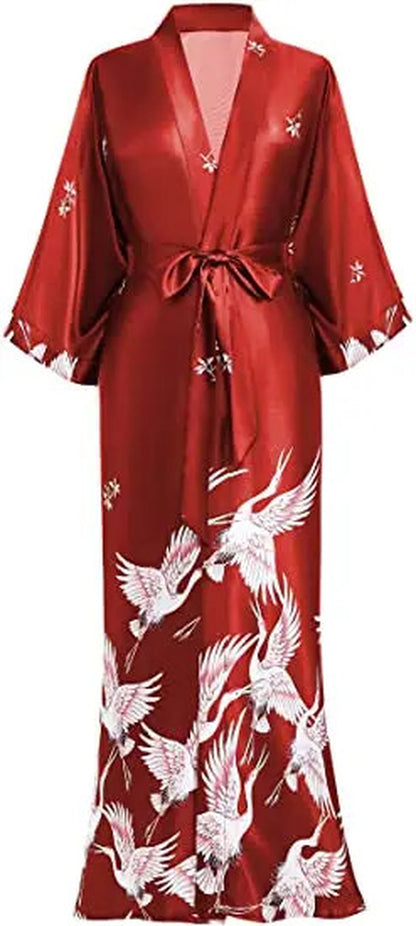 Satin Print Robe Kimono V Neck Knee Length Sleepwear Lounge Belted Fit