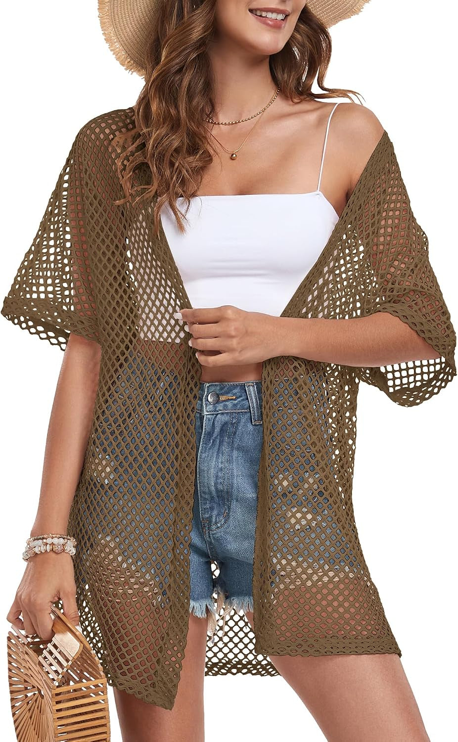 Women Swimsuit Coverup Crochet Beach Cover up Short Sleeve Kimono Cardigans