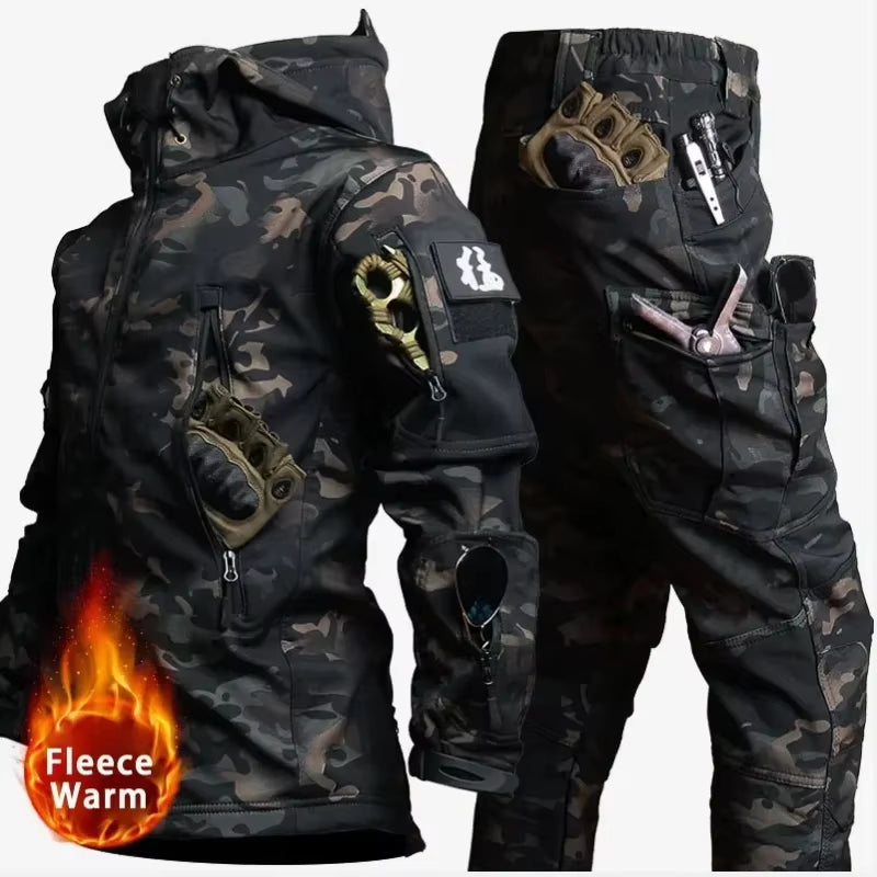 NEW Camo Fleece Warm Sets Winter Soft Shell Tactical Jacket Cargo Pant Outdoor Multi-Pocket Waterproof Hunting Suit