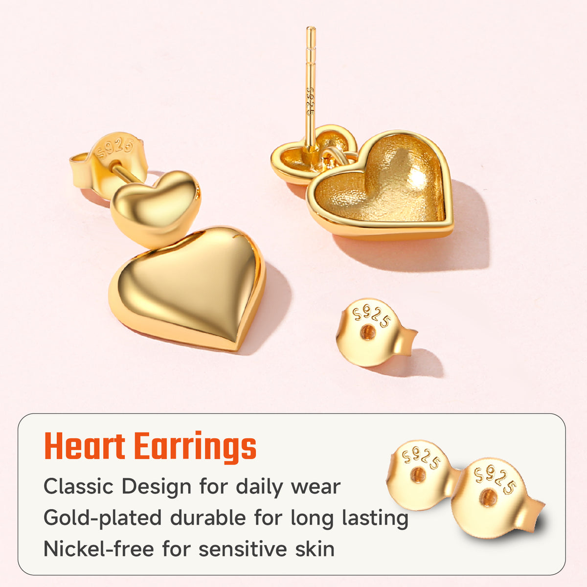 Heart Earrings for Women, Hypoallergenic 14K Gold Plated Heart Stud Earrings Jewelry Gifts for Birthday Graduation
