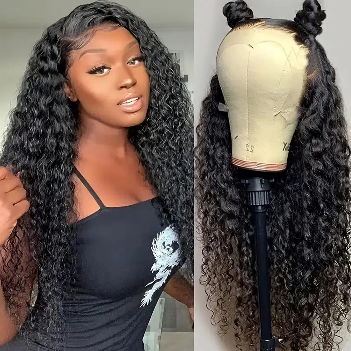 13X4 Lace Front Wig Human Hair - Brazilian Water Wave 26" Glueless Pre-Plucked Wig, 180 Density, Natural Black, Adjustable Straps &amp; 4 Combs, No Shedding, Can Be Dyed &amp; Styled
