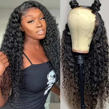 13X4 Lace Front Wig Human Hair - Brazilian Water Wave 26" Glueless Pre-Plucked Wig, 180 Density, Natural Black, Adjustable Straps &amp; 4 Combs, No Shedding, Can Be Dyed &amp; Styled