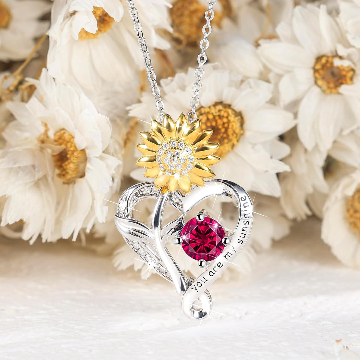 You Are My Sunshine Birthstone Sunflower Heart Pendant Necklace