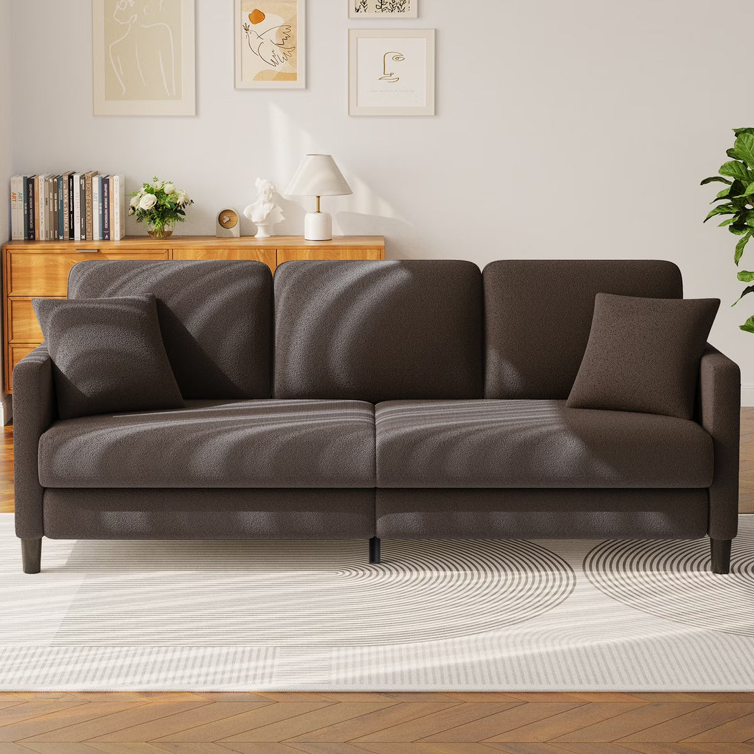 83" Sofa Couch for Living Room,Comfy Teddy Fleece Loveseat Sofa,Extra Deep Seat Couches , Tool-Free Setup Love Seat with 2 Pillows,Brown