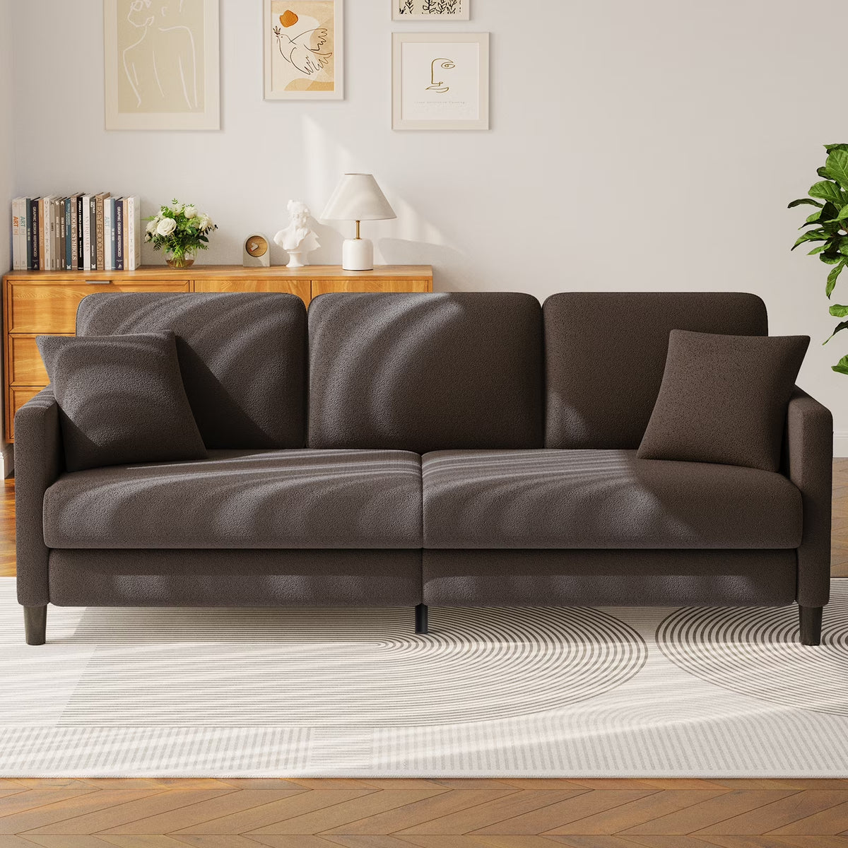 83" Sofa Couch for Living Room,Comfy Teddy Fleece Loveseat Sofa,Extra Deep Seat Couches , Tool-Free Setup Love Seat with 2 Pillows,Brown