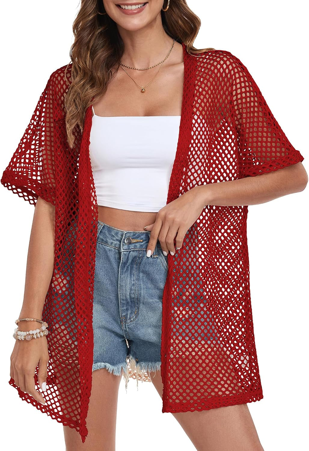 Women Swimsuit Coverup Crochet Beach Cover up Short Sleeve Kimono Cardigans