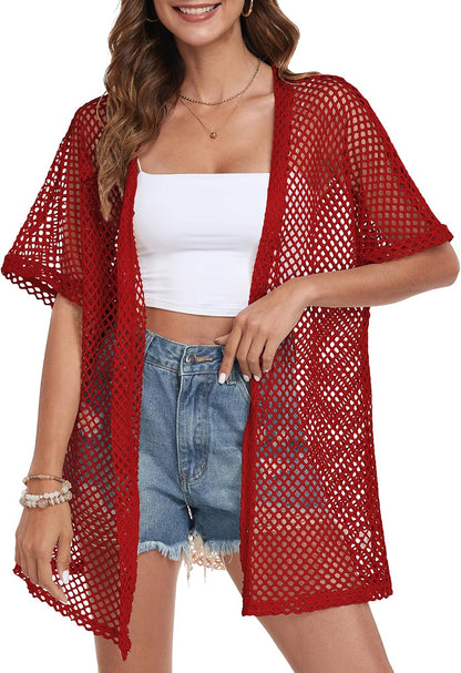 Women Swimsuit Coverup Crochet Beach Cover up Short Sleeve Kimono Cardigans