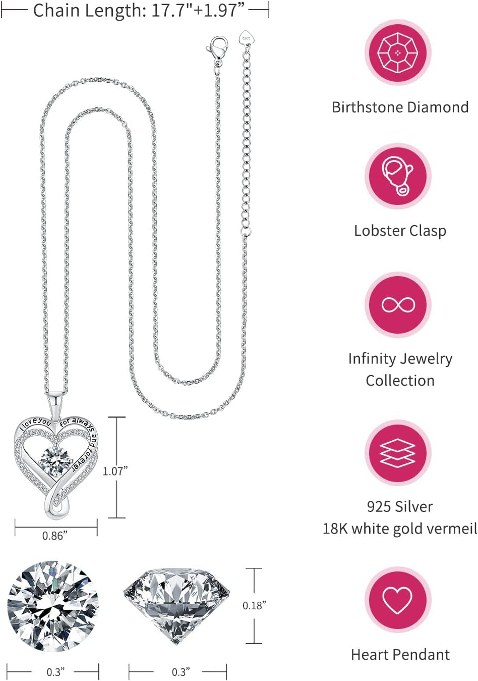 Jewelry for Women Wife Infinity Heart Birthstone I Love You Necklace S925 Anniversary Women Necklaces for Her Wife Birthday Gift Ideas, Birthday Present for Girlfriend Mom Daughter Sterling Silver