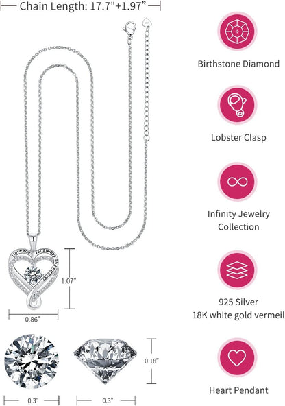 Jewelry for Women Wife Infinity Heart Birthstone I Love You Necklace S925 Anniversary Women Necklaces for Her Wife Birthday Gift Ideas, Birthday Present for Girlfriend Mom Daughter Sterling Silver