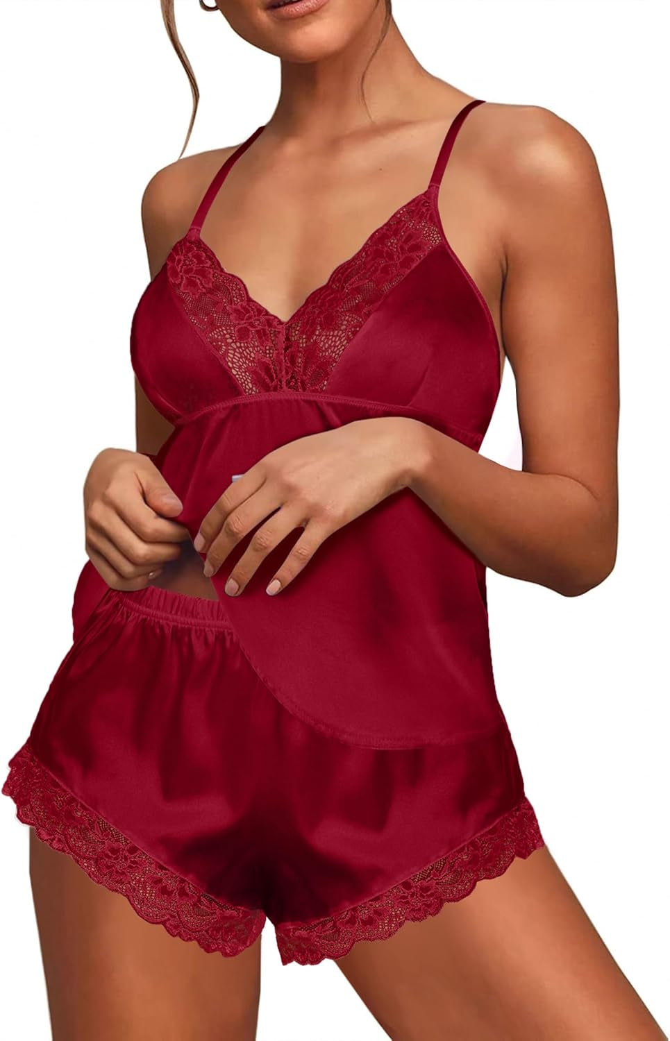 Silk Pajamas Sexy Lace Sleepwear 2 Piece Lingerie Cami Shorts Set