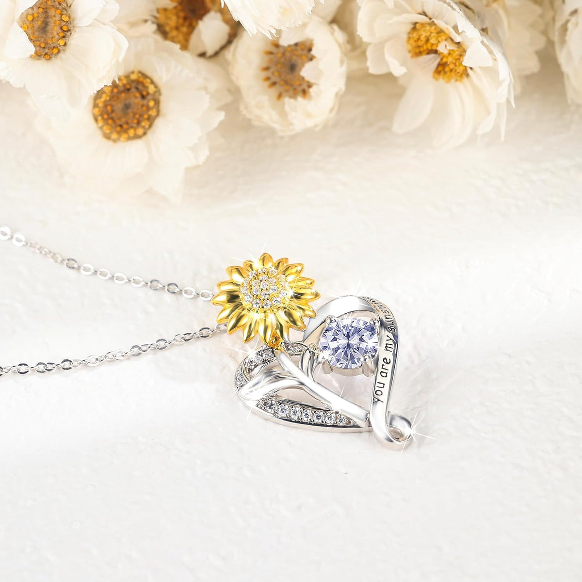 You Are My Sunshine Birthstone Sunflower Heart Pendant Necklace