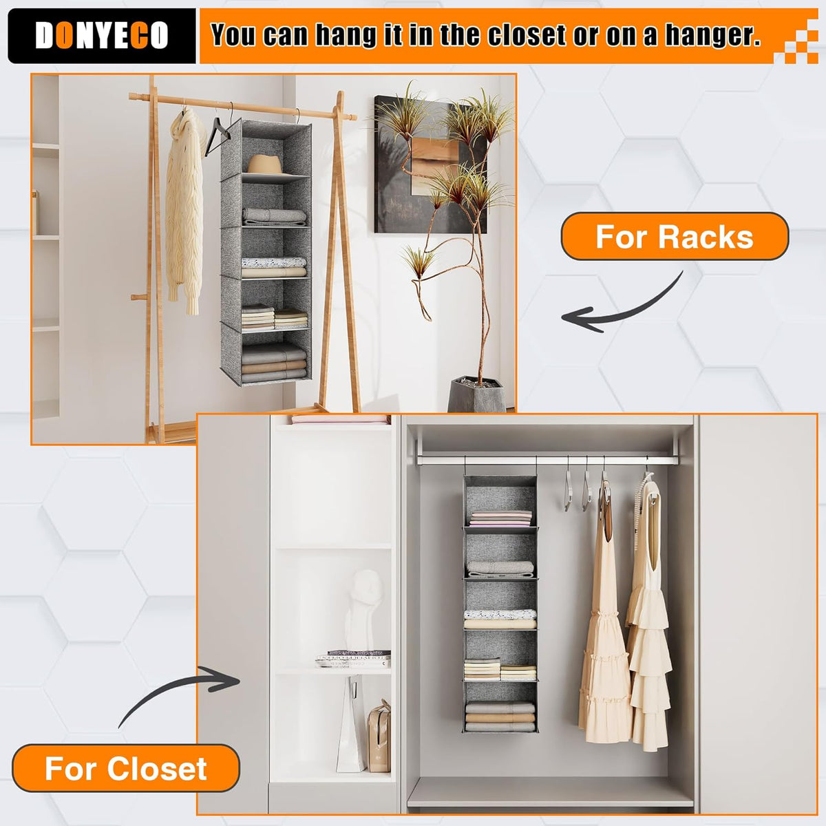 Hanging Closet Organizer 5-Shelf, Oxford Linen Wardrobe Storage, Gray