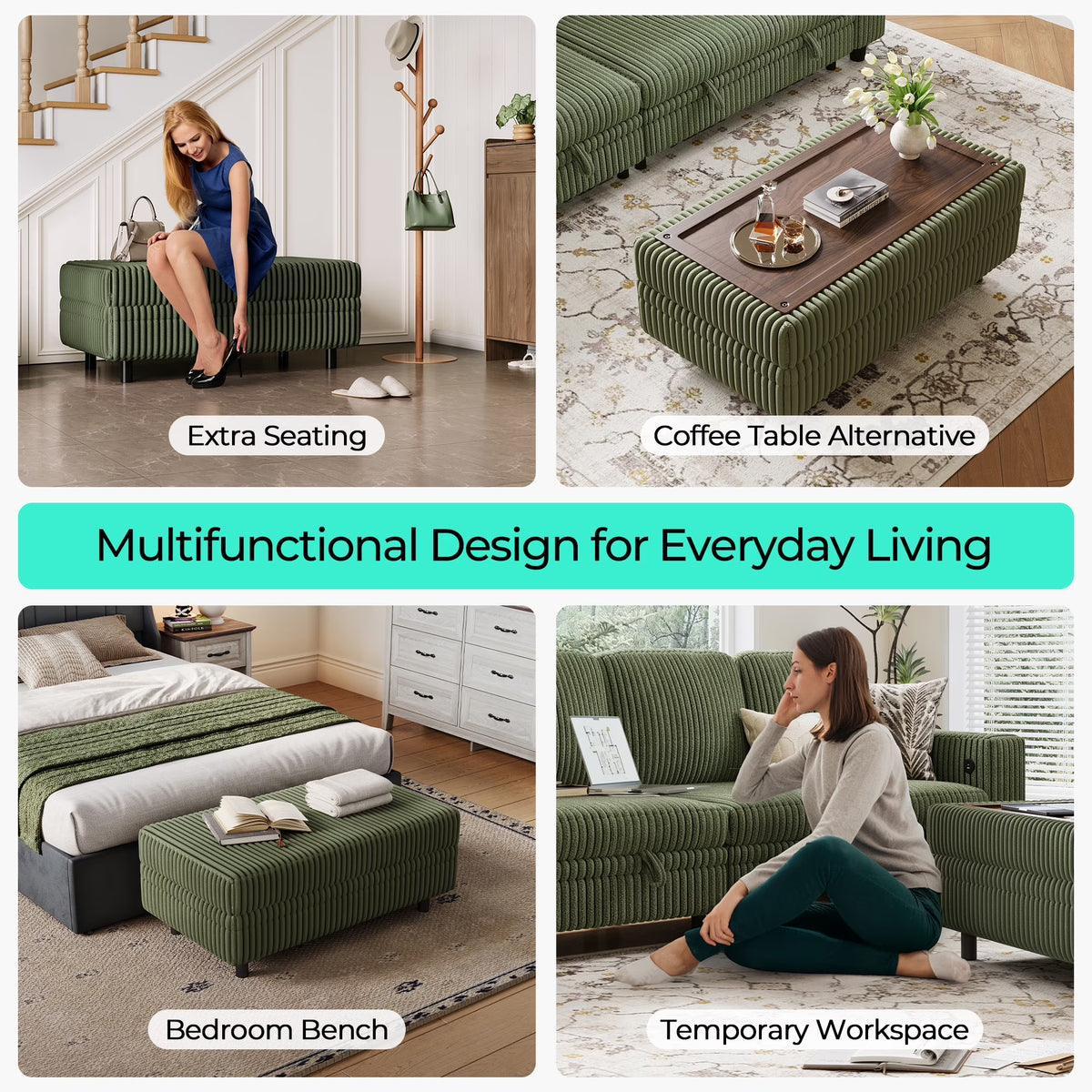 3 Seaterss Sectional Couches for Living Room, Sofa Bed with Storage Seat, Pull Out Couch Bed with Storage Ottoman, Dark Green