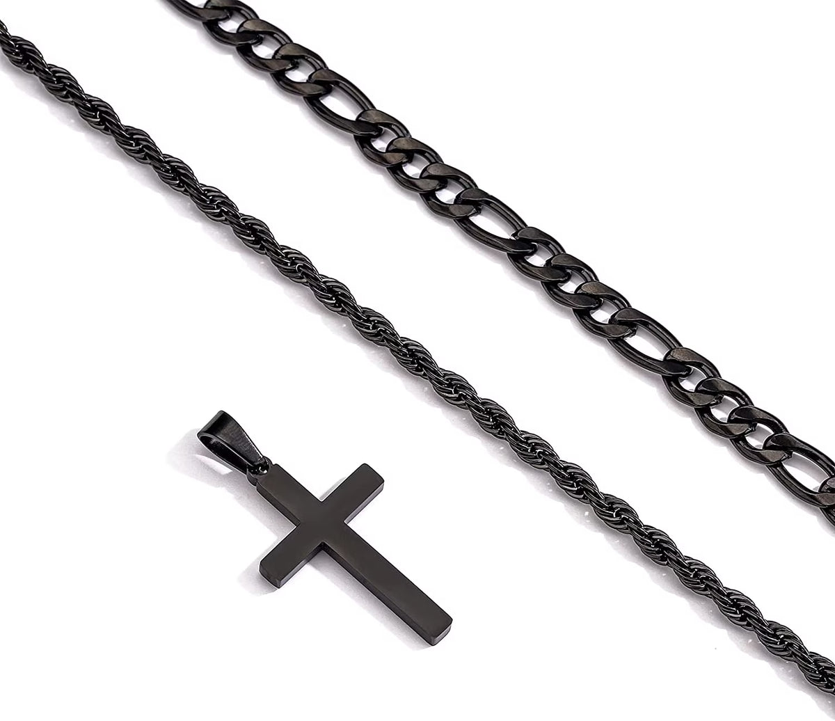 Layered Black Cross Necklaces for Men Stainless Steel Figaro Twist Rope Pendant Chain Set Religious Christian Stuff Accessories Birthday Christmas Jewelry Gifts Teen Boys Stocking Stuffers Kids