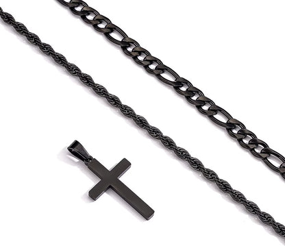 Layered Black Cross Necklaces for Men Stainless Steel Figaro Twist Rope Pendant Chain Set Religious Christian Stuff Accessories Birthday Christmas Jewelry Gifts Teen Boys Stocking Stuffers Kids