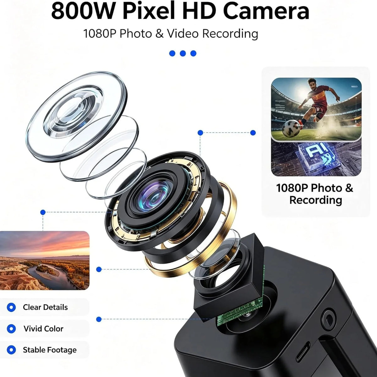 T200C Smart Glasses with Camera, 800W 1080P Video Recording, AI Stabilization