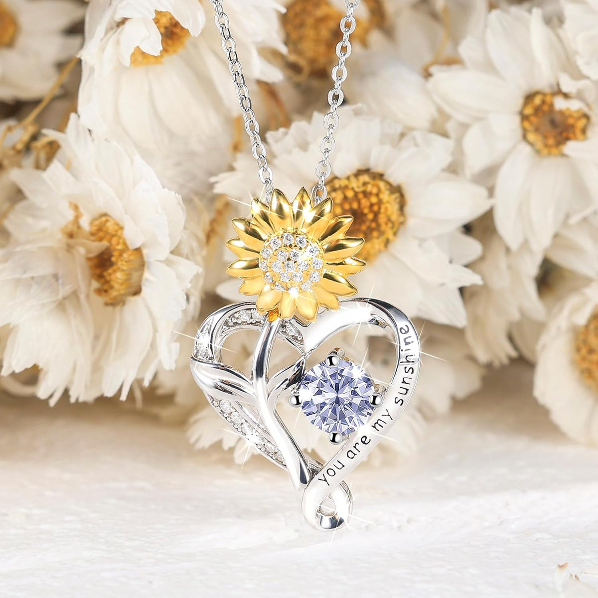 You Are My Sunshine Birthstone Sunflower Heart Pendant Necklace