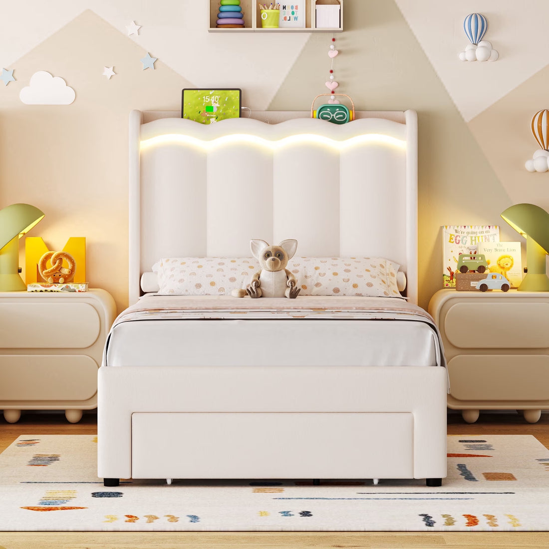 Twin Size Bed with Power Outlet &amp; LED, Upholstered Princess Beds with Drawer, Twin Beds with Headboard Storage, Beige