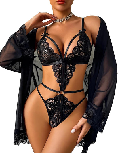 2 Piece Lingerie Set Lace Teddy Bodysuit with Mesh Kimono Robe