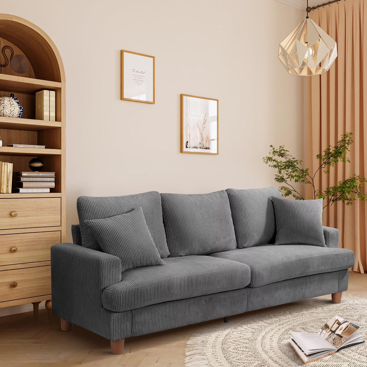 87" Corduroy Sofa,3 Seater Sofa Extra Deep Seats, Comfy Upholstered Couch for Living Room,2 Pillows,Gray