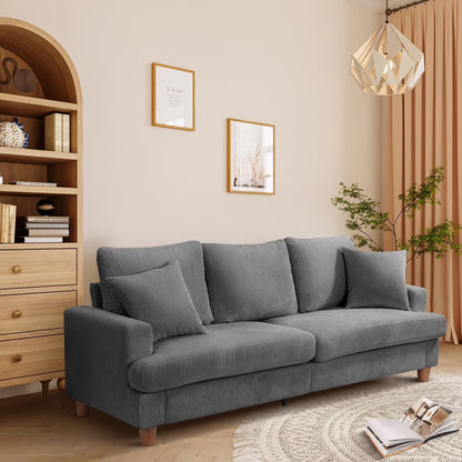87" Corduroy Sofa,3 Seater Sofa Extra Deep Seats, Comfy Upholstered Couch for Living Room,2 Pillows,Gray