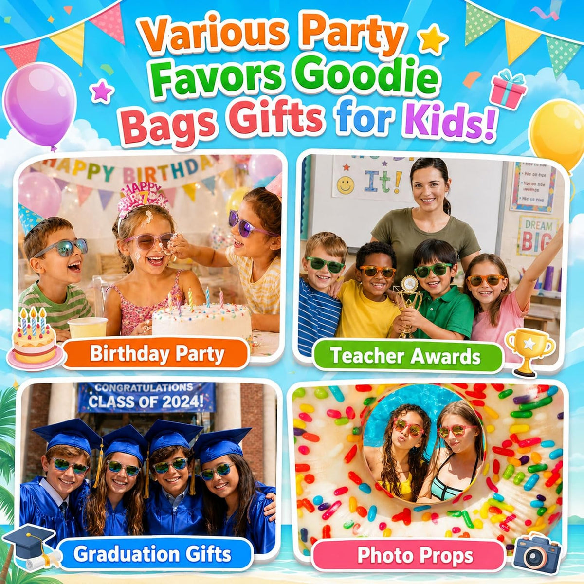 Party Favors Kids Sunglasses Bulk - 16 Packs Neon Sunglasses for Kid Age 3-8, UV400 Protection Party Sunglasses Goodie Bags Stuffers for Kids Birthday Party Supply, End of the Year Gifts for Students