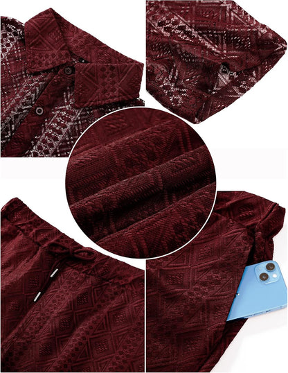 Men Summer Casual Short Sets Lace Short Sleeve Button down Shirt Elastic Waist Shorts 2 Piece Outfits Tracksuit
