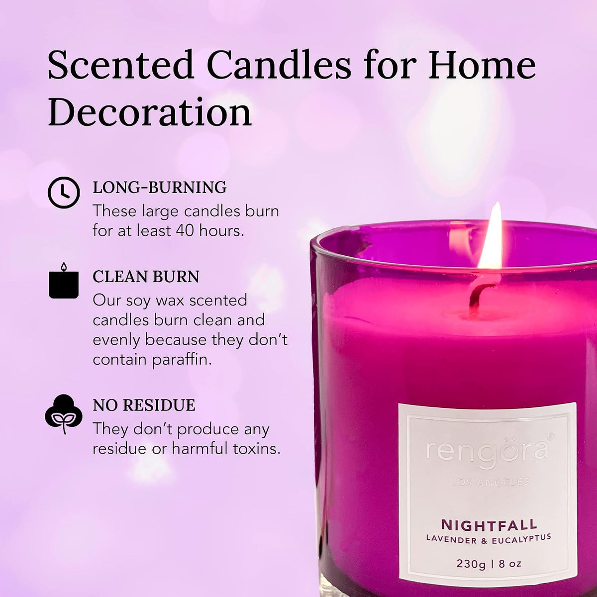 Lavender &amp; Eucalyptus Scented Candle – 8Oz Soy Wax, Clean Burning, Long‑Lasting Magenta Glass Jar, Aromatherapy Gift for Women