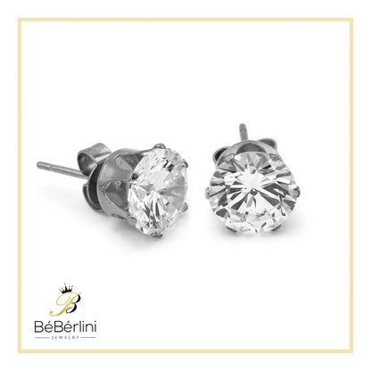 Women Stud Earrings Cubic Zirconia Silver Stainless Steel Jewelry round 8 Mm