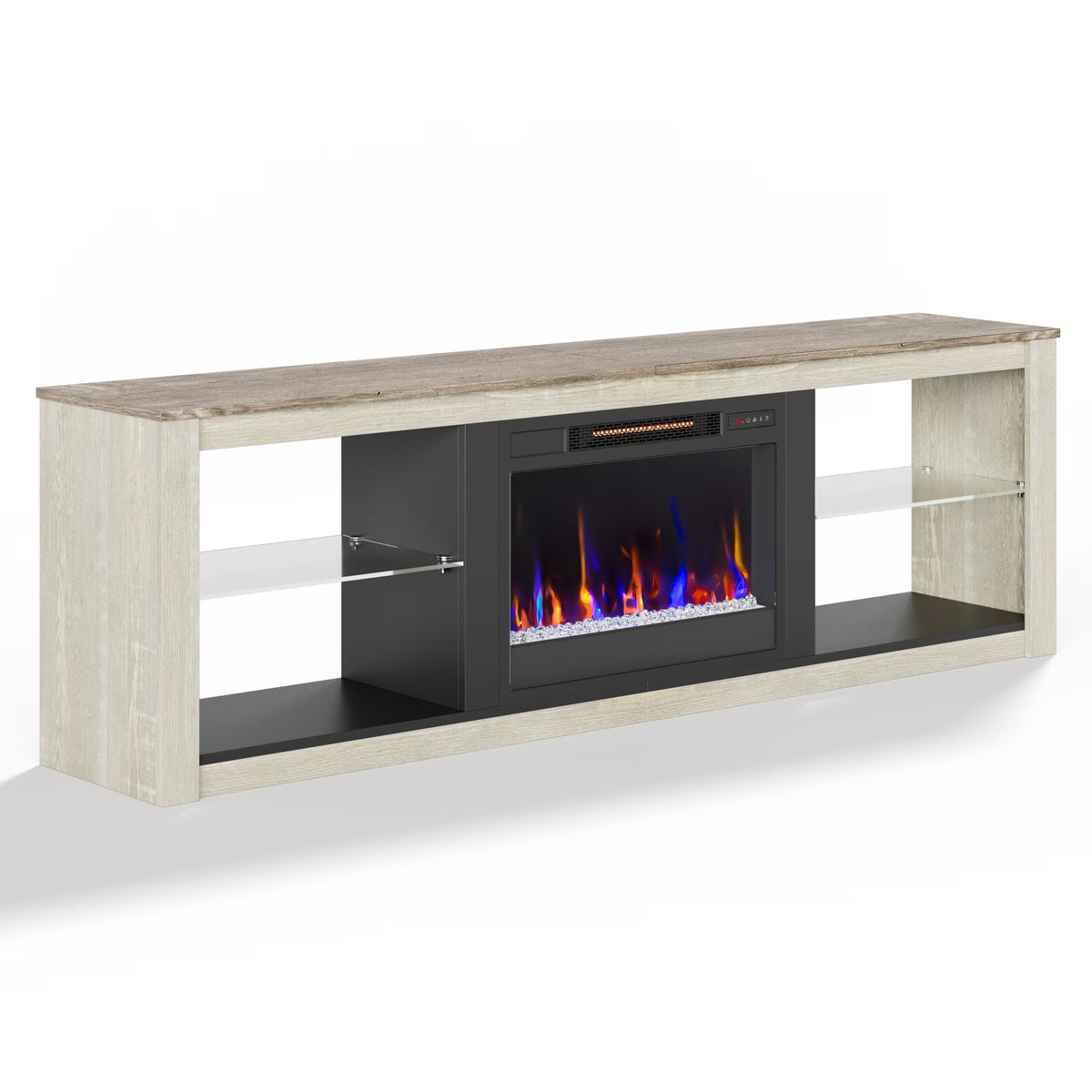 Electric Fireplace TV Stand for 75 Inch Tvs, Fireplace TV Stands for Living Room or Bedroom, LED Entertainment Center with Fireplace, RGB Ambient Lighting, Quick Assembly, Wash White