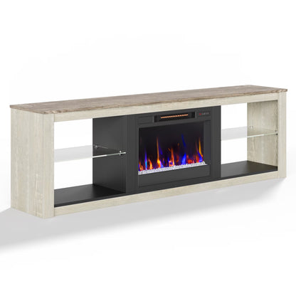 Electric Fireplace TV Stand for 75 Inch Tvs, Fireplace TV Stands for Living Room or Bedroom, LED Entertainment Center with Fireplace, RGB Ambient Lighting, Quick Assembly, Wash White