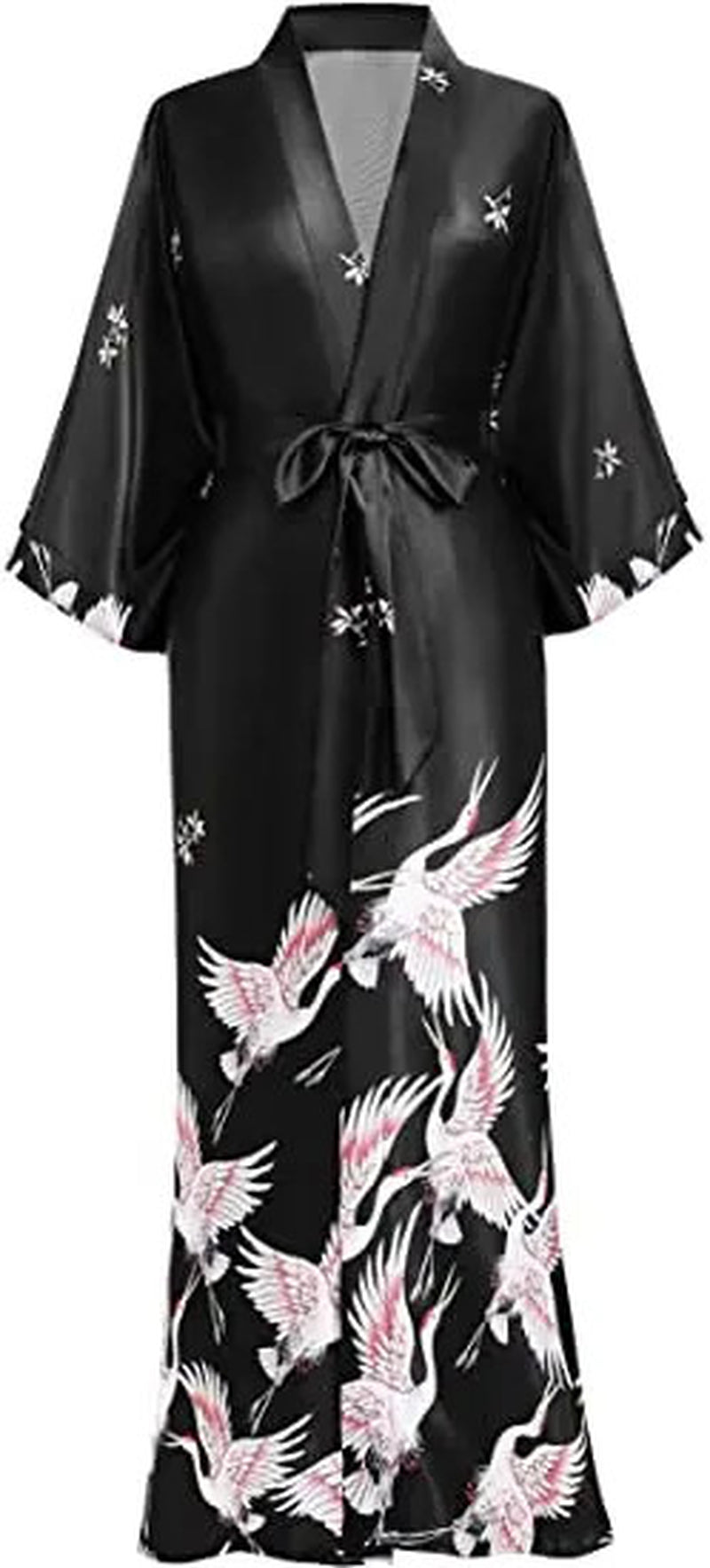 Satin Print Robe Kimono V Neck Knee Length Sleepwear Lounge Belted Fit