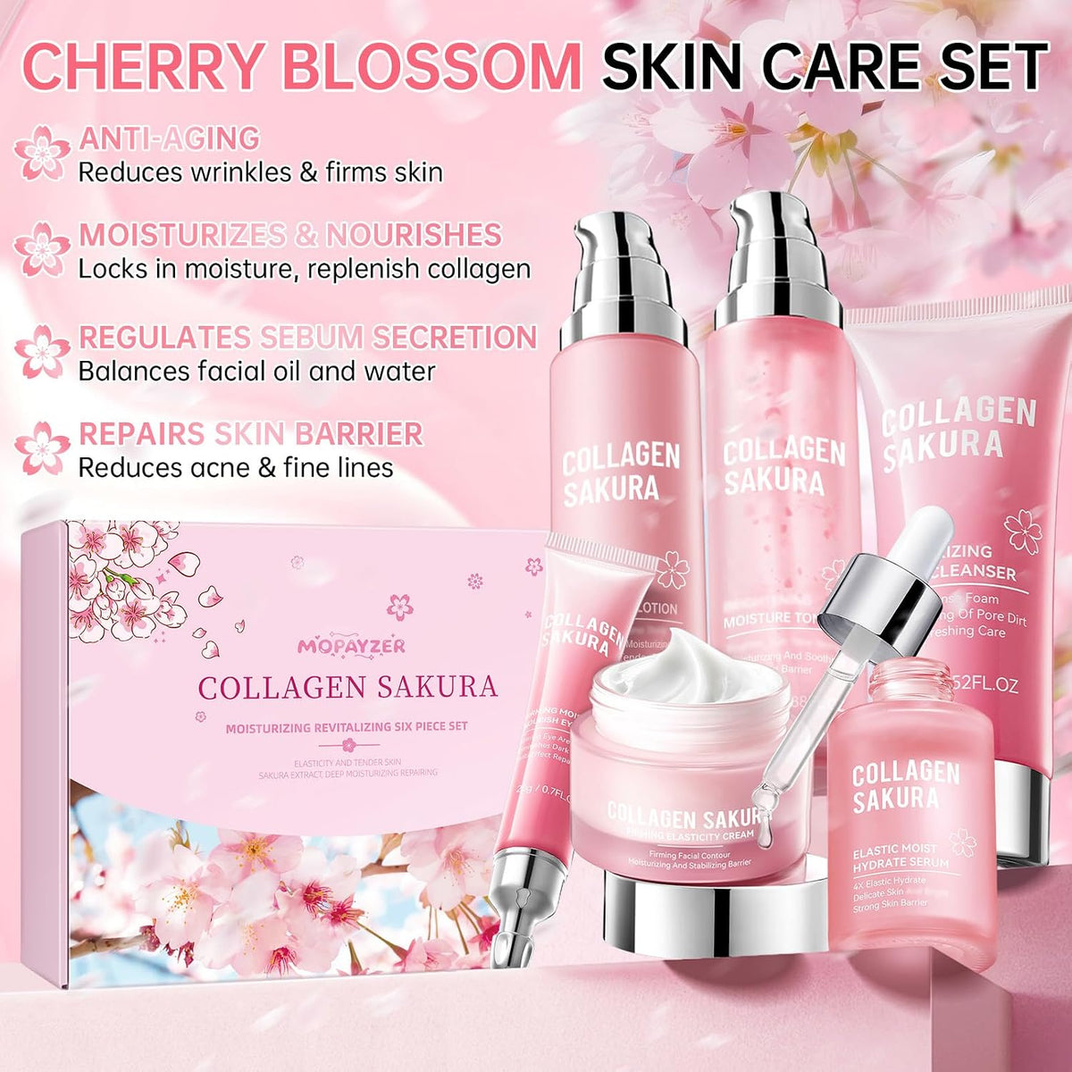 Collagen Sakura Skincare Gift Set, Cherry Blossom Skin Care Set for Teen Girls &amp; Women, Moisturizing &amp; Revitalizing Skin, 6Pcs Collagen Skin Care Routine Kits for Face, Korean Daily Skin Care