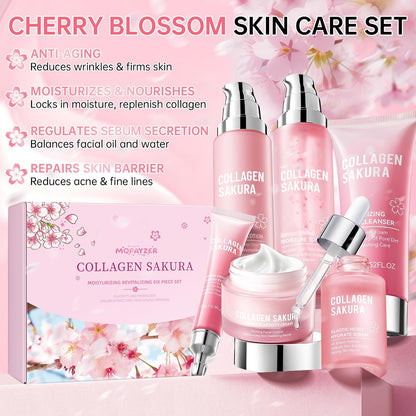Collagen Sakura Skincare Gift Set, Cherry Blossom Skin Care Set for Teen Girls &amp; Women, Moisturizing &amp; Revitalizing Skin, 6Pcs Collagen Skin Care Routine Kits for Face, Korean Daily Skin Care