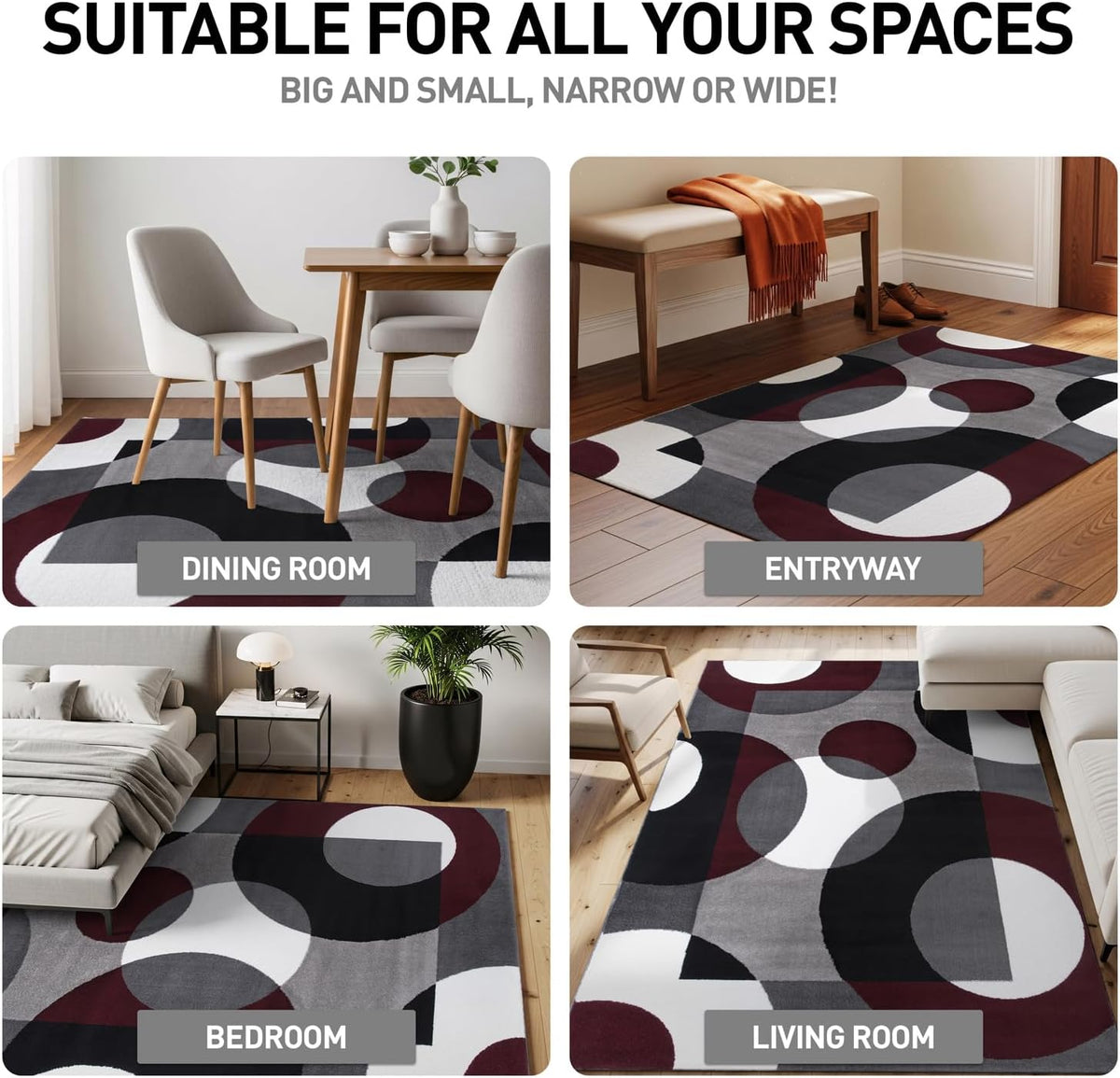 Circles Modern Soft Living Room Runner Rug Burgundy 2&