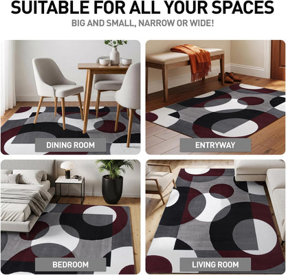 Circles Modern Soft Living Room Runner Rug Burgundy 2&