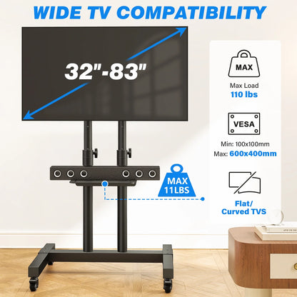 Rolling TV Cart Stand with Wheels for 32 to 83 Inch Screens, Adjustable Height Mobile TV Mount Rack Portable Floor Stand for Bedroom